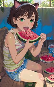 Preview wallpaper girl, smile, watermelon, anime, summer