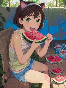 Preview wallpaper girl, smile, watermelon, anime, summer