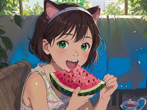 Preview wallpaper girl, smile, watermelon, anime, summer