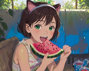 Preview wallpaper girl, smile, watermelon, anime, summer