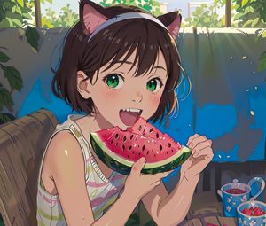 Preview wallpaper girl, smile, watermelon, anime, summer