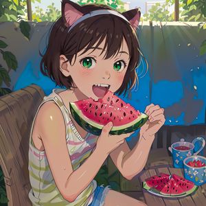 Preview wallpaper girl, smile, watermelon, anime, summer