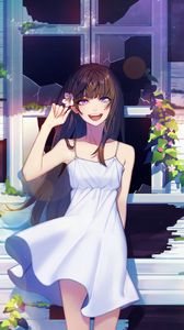 Preview wallpaper girl, smile, window, broken, anime