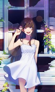 Preview wallpaper girl, smile, window, broken, anime