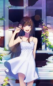 Preview wallpaper girl, smile, window, broken, anime