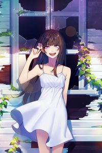 Preview wallpaper girl, smile, window, broken, anime