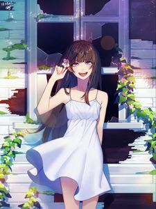 Preview wallpaper girl, smile, window, broken, anime