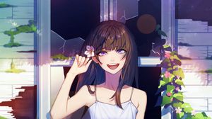 Preview wallpaper girl, smile, window, broken, anime