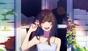 Preview wallpaper girl, smile, window, broken, anime