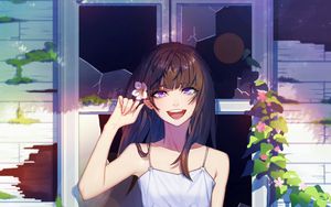 Preview wallpaper girl, smile, window, broken, anime