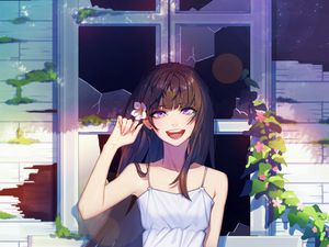 Preview wallpaper girl, smile, window, broken, anime