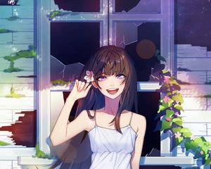 Preview wallpaper girl, smile, window, broken, anime