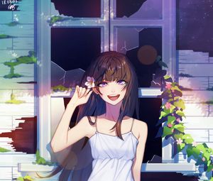 Preview wallpaper girl, smile, window, broken, anime