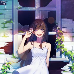 Preview wallpaper girl, smile, window, broken, anime
