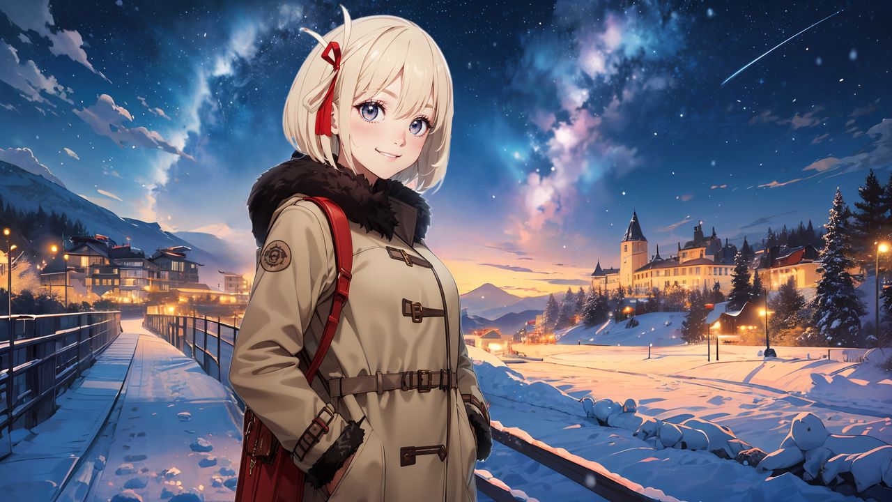 Wallpaper girl, smile, winter, stars, anime, art