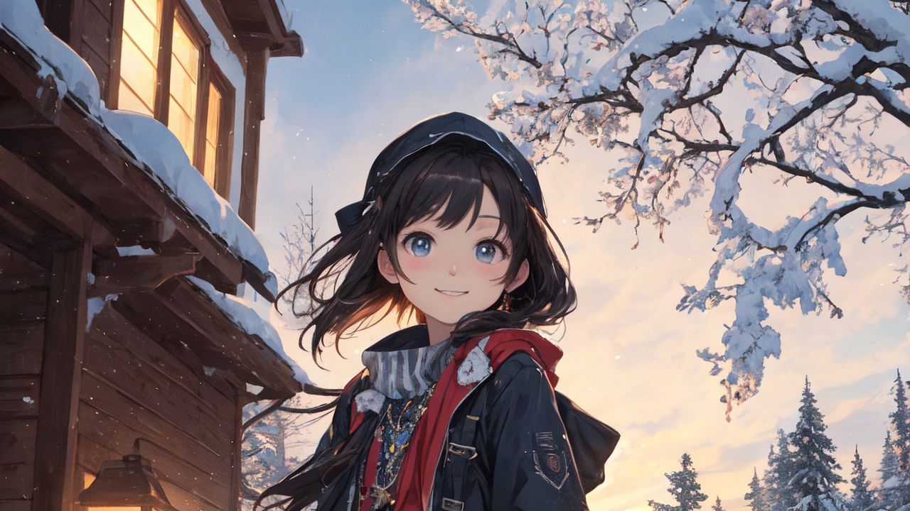 Wallpaper girl, smile, winter, snow, anime, art