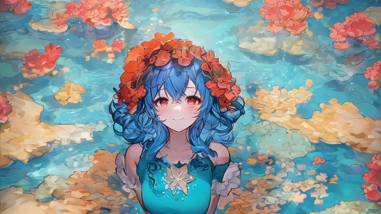 Wallpaper girl, smile, wreath, flowers, lake, anime, art