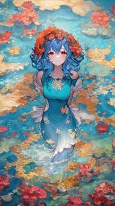 Preview wallpaper girl, smile, wreath, flowers, lake, anime, art