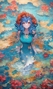 Preview wallpaper girl, smile, wreath, flowers, lake, anime, art