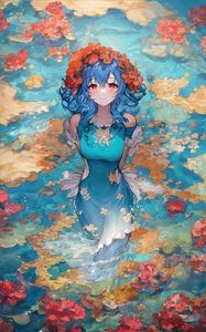 Preview wallpaper girl, smile, wreath, flowers, lake, anime, art