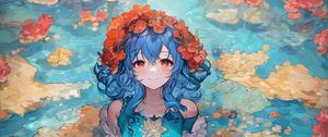 Preview wallpaper girl, smile, wreath, flowers, lake, anime, art