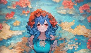 Preview wallpaper girl, smile, wreath, flowers, lake, anime, art