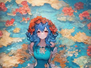 Preview wallpaper girl, smile, wreath, flowers, lake, anime, art