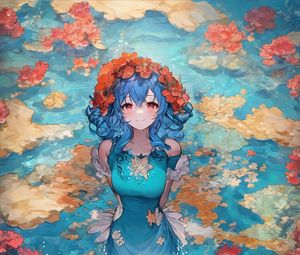 Preview wallpaper girl, smile, wreath, flowers, lake, anime, art