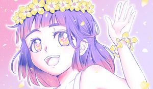 Preview wallpaper girl, smile, wreath, flowers, anime