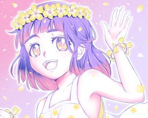 Preview wallpaper girl, smile, wreath, flowers, anime