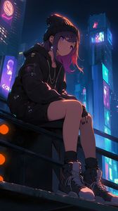 Preview wallpaper girl, sneakers, buildings, night, art, anime