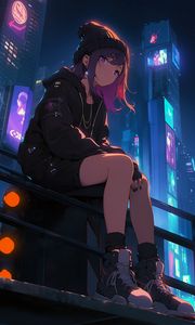 Preview wallpaper girl, sneakers, buildings, night, art, anime