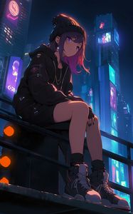 Preview wallpaper girl, sneakers, buildings, night, art, anime