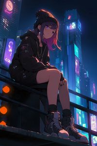 Preview wallpaper girl, sneakers, buildings, night, art, anime