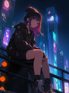 Preview wallpaper girl, sneakers, buildings, night, art, anime