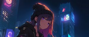 Preview wallpaper girl, sneakers, buildings, night, art, anime