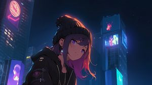 Preview wallpaper girl, sneakers, buildings, night, art, anime