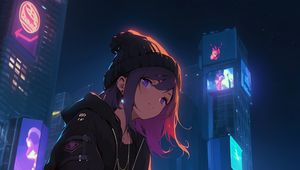 Preview wallpaper girl, sneakers, buildings, night, art, anime