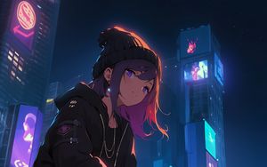 Preview wallpaper girl, sneakers, buildings, night, art, anime