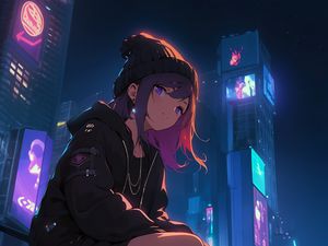 Preview wallpaper girl, sneakers, buildings, night, art, anime