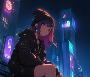 Preview wallpaper girl, sneakers, buildings, night, art, anime