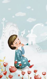 Preview wallpaper girl, snow, clouds, hearts, love