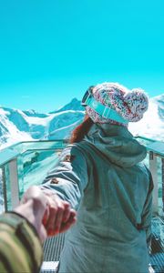 Preview wallpaper girl, snowboarder, mountains, sportswoman