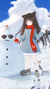 Preview wallpaper girl, snowman, cats, snow, winter, anime