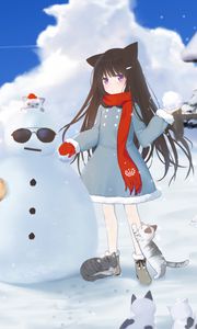 Preview wallpaper girl, snowman, cats, snow, winter, anime
