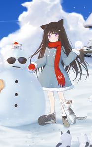 Preview wallpaper girl, snowman, cats, snow, winter, anime