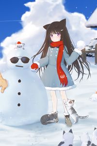 Preview wallpaper girl, snowman, cats, snow, winter, anime