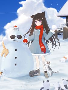 Preview wallpaper girl, snowman, cats, snow, winter, anime