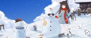 Preview wallpaper girl, snowman, cats, snow, winter, anime