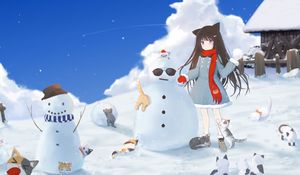 Preview wallpaper girl, snowman, cats, snow, winter, anime